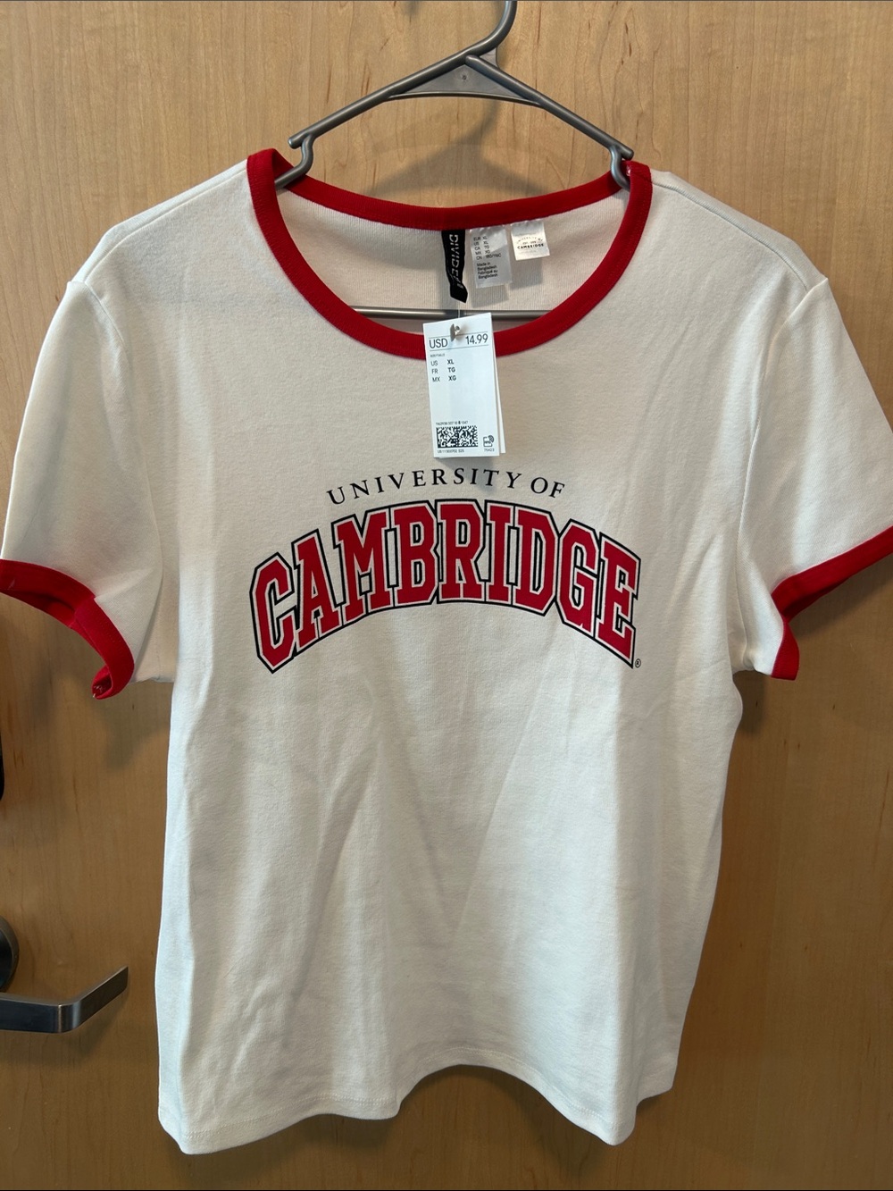 H&M White Ringer Tee with Red "Cambridge" Graphic